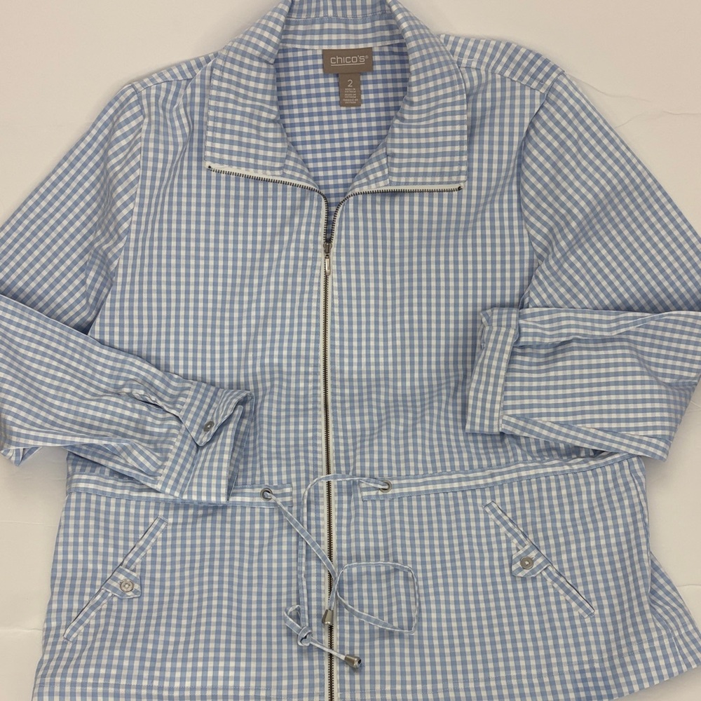 Chico's Light Blue Gingham Utility Jacket Size 2